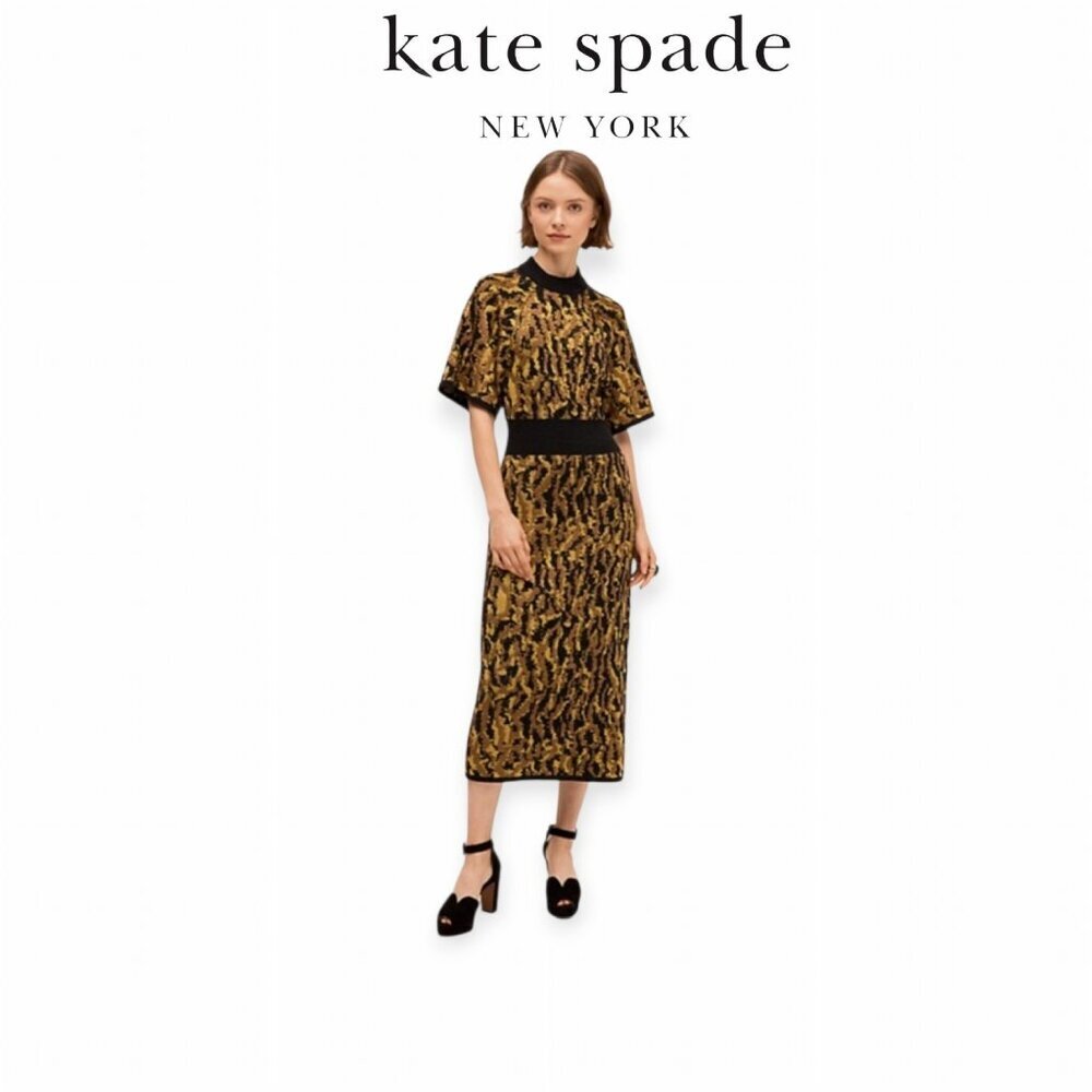 Kate Spade New York Hazelnut Print Mockneck Midi Sweater Dress XS EUC